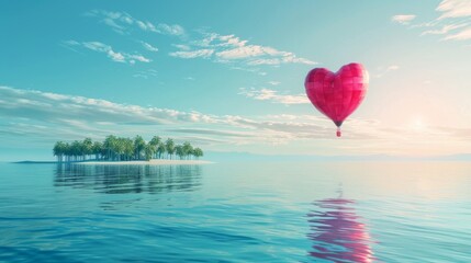 A heart-shaped balloon hovers gracefully over a body of water, creating a serene and romantic scene. The vibrant red balloon contrasts beautifully with the calm blue water below.