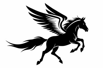 Jumping horse with wings silhouette vector white background