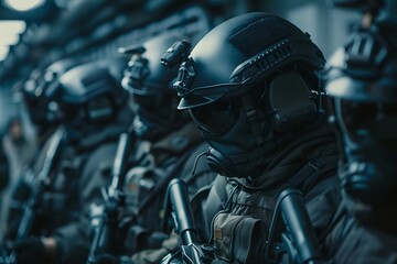 Armed tactical unit in formation. SWAT team with advanced eqipment on a mission. Special operation, the fight against terrorism concept. 