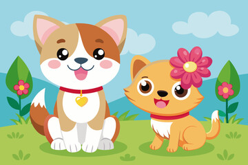 Obraz na płótnie Canvas Puppy and Kitty with flower are smiling