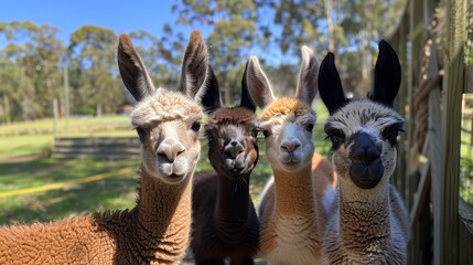 Fototapeta premium A group of llamas congregated near one another within a fenced enclosure, surrounded by trees in the backdrop