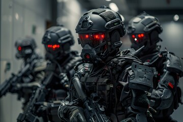 Elite tactical unit with advanced equipment. Special forces, SWAT team with future gear. Police operation, the fight against terrorism concept. 