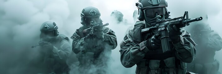 Special forces moving through smoke. Tactical unit with advanced equipment on a mission. SWAT team. Police operation, the fight against terrorism concept. Wide shot, panoramic