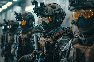 Fototapeta na wymiar Squad of futuristic soldiers with advanced gear. Armed forces with future eqipment. War operation, military conflict, modern warfare, special ops