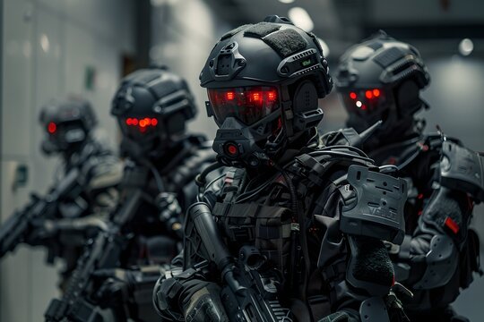 Elite tactical unit with advanced equipment. Special forces, SWAT team with future gear. Police operation, the fight against terrorism concept. 