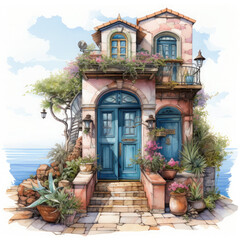 Fototapeta na wymiar Watercolor Doors on Seaside Illustration, Generative Ai