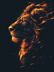 A lion's head in flames on a black background. A magical creature made of fire.