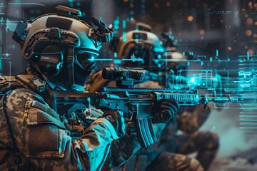 Obraz premium Soldiers with futuristic gear and digital interface. Armed forces concept. Future technology, augmented reality. War operation, military conflict, modern warfare