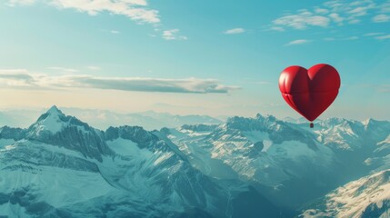 A red heart-shaped balloon floats gracefully in the sky above a majestic mountain range, creating a striking contrast against the natural landscape.