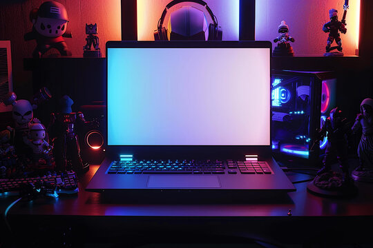 A gamer's dream setup with a blank laptop mockup surrounded by RGB lighting, high-end gaming peripherals, and collectible figurines. 32k, full ultra hd, high resolution