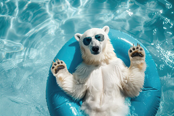 A polar bear relaxes on an inflatable ring in a pool - obrazy, fototapety, plakaty