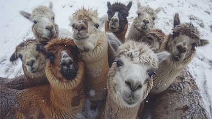 Fototapeta premium A herd of llamas congregated atop a snow-covered hill