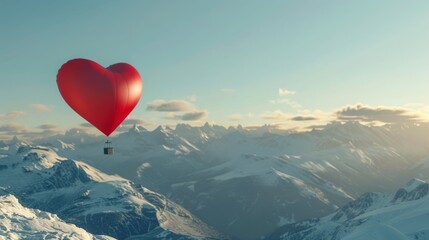 A heart shaped balloon gracefully floats above a majestic mountain range, blending with the backdrop of rocky peaks and lush greenery.