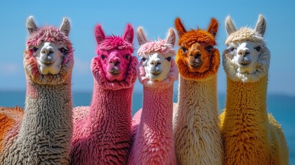 Fototapeta premium A cluster of llamas gathered by a water body, backed by a blue sky
