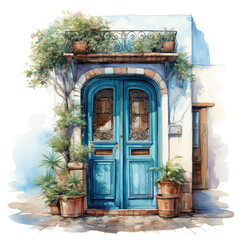 Watercolor Doors on Seaside Illustration, Generative Ai