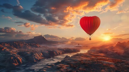 A red hot air balloon shaped like a heart is soaring through the sky above a river. The vibrant red balloon contrasts beautifully with the blue sky and green landscape below.