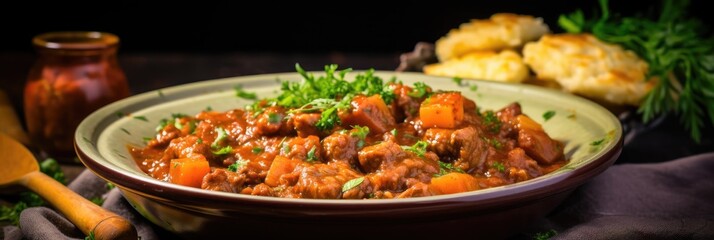 A hearty stew made with meat, vegetables, and savory broth, served on a table