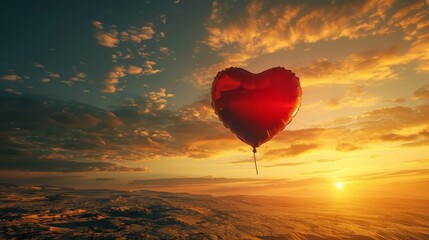 A vibrant red heart shaped balloon gracefully floats in the clear blue sky, soaring among the fluffy white clouds.