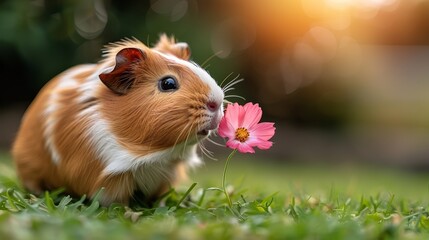   A brown-and-white guinea pig sniffs a pink blossom on a lush green grass field, surrounded by hazy trees - obrazy, fototapety, plakaty
