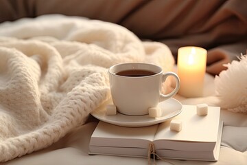 A coffee cup on a book next to a candle on the table