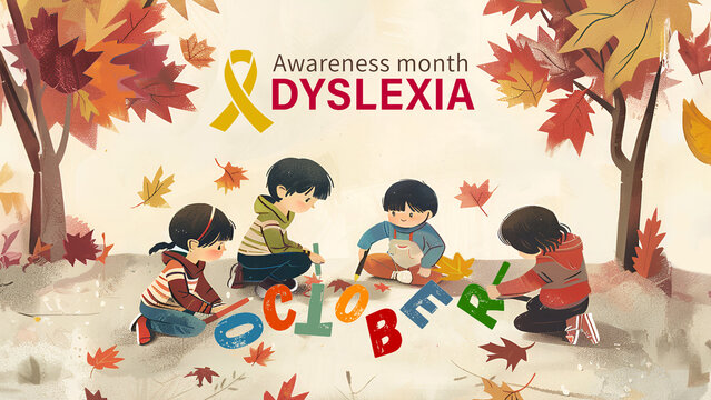 Creative concept of dyslexia awareness month in October,  can be used in a square proportion