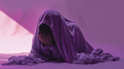 Lonely man curled up under a purple blanket, covering his face with his hands in grief and seeking comfort