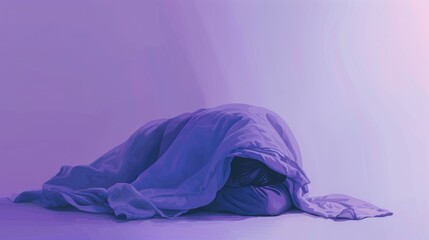 Person concealed under a textured blanket, evoking a sense of solitude and nostalgia in violet room - obrazy, fototapety, plakaty