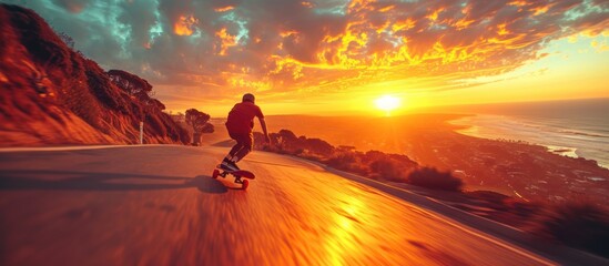 Rear view of a man riding a longboard at high speed down a hill with a sunset in the background