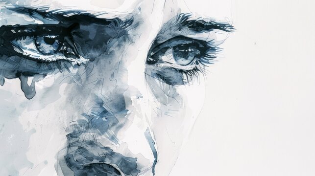 Watercolor painting of sorrowful eyes shedding tears over an abstract face, shades of blue depicting deep emotion