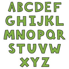 Hand drawn doodle set of green color letters isolated on white background. Alphabet for Children's Books and Toys, Early Childhood Education. Typographic content for children.