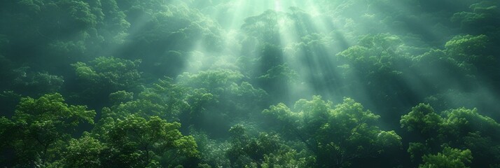 In the forest, sunlight pierces through the mist, casting a mysterious glow on the vibrant landscape.