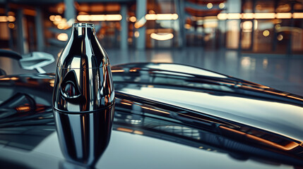 A glossy, metallic bottle mockup placed on the sleek hood of a luxury sports car. 32k, full ultra hd, high resolution