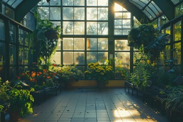 Sunlight streaming into plantfilled greenhouse through windows