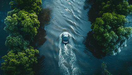 car drives along a flooded road, top view - obrazy, fototapety, plakaty