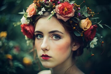 Naklejka premium A mysterious figure with a bright flower crown, embodying the beauty of nature in the ethereal darkness