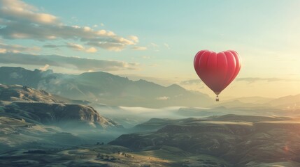 A hot air balloon in the shape of a heart floats gracefully over a rugged mountain range. The colorful balloon stands out against the backdrop of the towering peaks and deep valleys below.