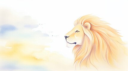 Lion, Lion at dawn, golden mane & soft light, cartoon drawing, water color style.