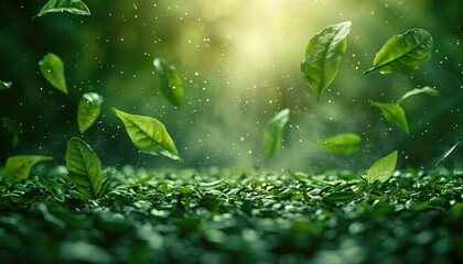  Lush green leaves and plants in a misty, atmospheric forest setting. - obrazy, fototapety, plakaty