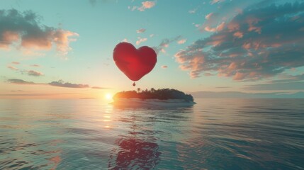 A heart-shaped balloon hovers gracefully above a body of water, reflecting its vibrant colors on the surface. The scene is surreal yet captivating.