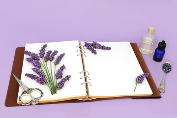 Lavender flower herb used in natural alternative herbal medicine and aromatherapy with essential oil bottles. Healthy adaptogen food  floral nature design on lilac with recipe notebook.