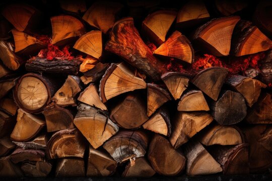 A stack of chopped wood lies by the blazing fire, creating a cozy setting