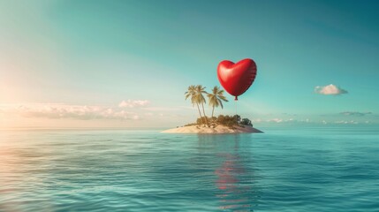 A heart shaped balloon is seen flying over a small island, creating a striking contrast against the blue sky and surrounding landscape. The balloon appears to be floating gently in the air above the