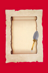 Parchment Paper Scroll with Decorative Brass Feather Quill Pen - 782455627