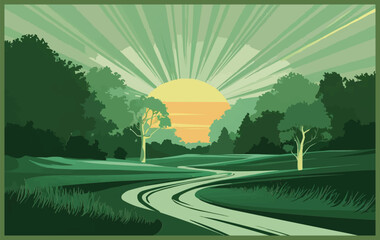 A breathtaking minimalist portrayal of the morning sun this modern art landscape radiates with the essence of Shades of green trees its vector art 