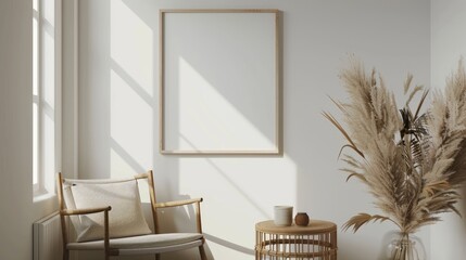 Blank a4 wood frame mockup interior background, circular motion, 3d rendering. Vertical painting plaque mockup. Clear table border with canvas panel template