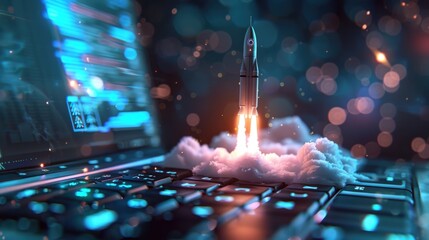 A rocket is flying over a laptop keyboard. - obrazy, fototapety, plakaty