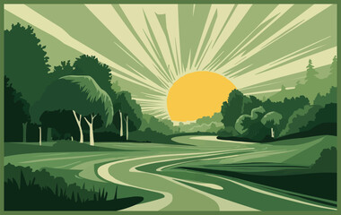 A breathtaking minimalist portrayal of the morning sun this modern art landscape radiates with the essence of Shades of green trees its vector art 