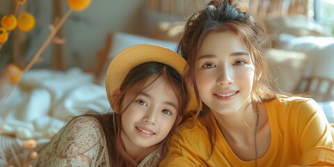 In the warm embrace of sisterhood, two adorable Chinese girls share a loving moment at home on the couch.
