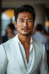 Obraz premium A confident and handsome Chinese man exudes elegance and charisma in an urban setting.