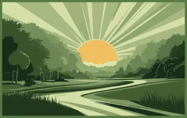 Fotobehang A breathtaking minimalist portrayal of the morning sun this modern art landscape radiates with the essence of Shades of green trees its vector art  © soniasonySB